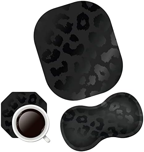 Black Leopard Ergonomic Wrist Rest Pad + Cute Mouse Pad + Cup Coaster, Memory Foam with Non-Slip Base 3Pcs Mousepad Desktop Supply Set Combo for Laptop, Computer, Gaming & Office