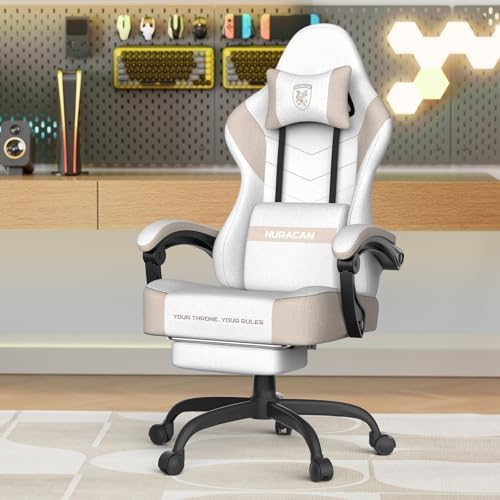 Ferghana Cotton Fabric Gaming Chair - Wider Seat Cushion, Shield-Shaped Embroidery, Ergonomic High Back with Footrest, Computer Gamer Chair for Adults Featuring Massage Lumbar Support, Beige