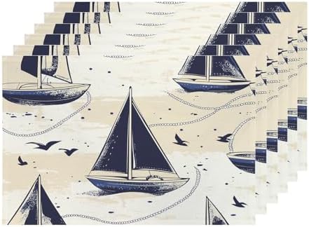 Shrahala Maritime Ocean Set of 6 12 X 18 Inch Linen Placemats, Boat Nautical Elements Burlap Table Mat Washable Double Layered Heat Insulation for Indoor/Outdoor