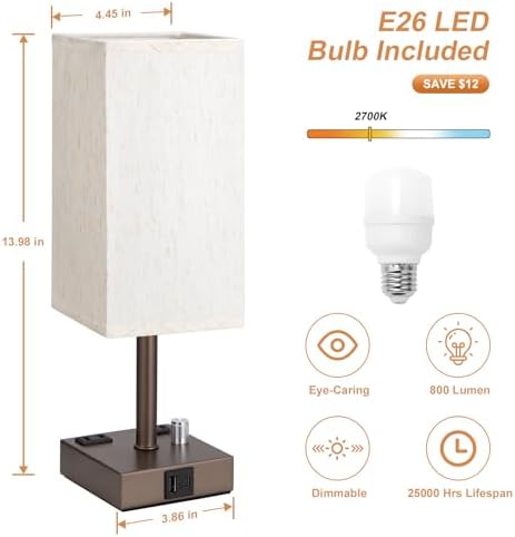 Brown Bedside Table Lamps Set of 2 - Dimmable, USB C+A, 2 AC Outlets
