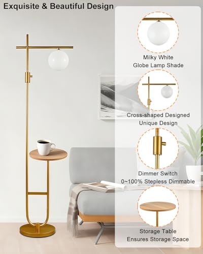 Dimmable Floor Lamp with Shelves, 66IN Gold Modern Standing Lamp