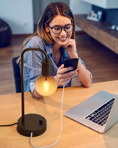 ONEWISH Industrial Table Lamp Set of 2 with USB C&A Charging Port, Stepless Dimmable Nightstand Bedside Lamps for Bedroom,Desk Lamps with 2700K Black Gradient Bulb for Reading Living Room,Office
