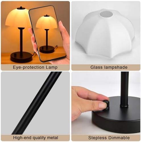 Glass Shade Table Lamp for Bedroom, Stepless Dimmable Bedside Lamps, Small Table with Premium Frosted Glass Shade, Desk Lamp Nightstand Lamp for Living Room, Bedroom, Office, Reading LED Bulb Included