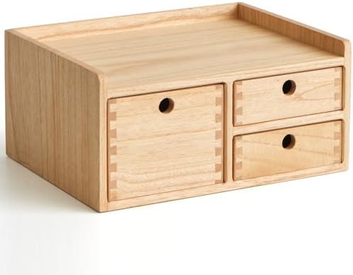 KIRIGEN Wooden Desk Organizer with 3 Drawers and Top Tray Natural DT1D3C-NA