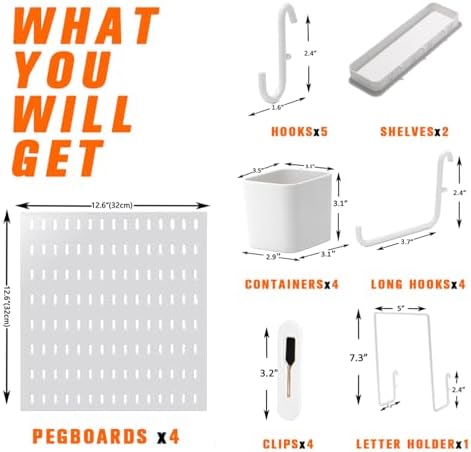 Peg Board Combination Kit, 4 Pegboards with 20 Accessories, Pegboard Wall Organizer for Office, Nursery & Home Storage, Key Holder, 25.6"x25.6" – Nail-Free Installation（White）