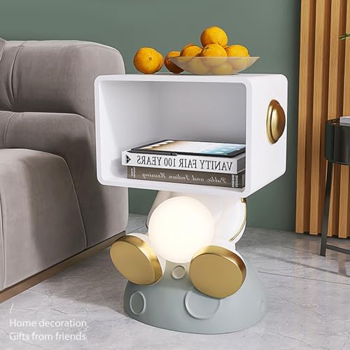 Astronaut Figurine Bedside Table with Storage, Unique Resin Astronaut Decor End Table Space Figurines Nightstand with Moon Lamp for Bedroom Living Room