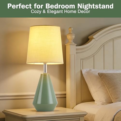 Small Bedside Table Lamp for Bedroom - Reading Desk Lamp with 3 Color Temperatures，15.5" Nightstand Ceramic Lamp with Fabric Shade for Kids Room,Living Room,Dorm,Home Office (Green)