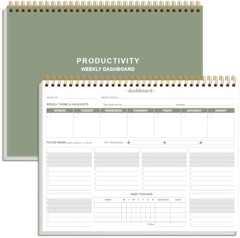 Weekly Productivity Dashboard - 8.5" x 11" Dashboard Desk Notepad Has 6 Focus Areas to List Tasks for Goals, Projects, Clients, Academic or Meal-Organize Your Daily Work Efficiently, 54 Weeks, Green