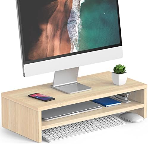 FITUEYES Wooden Monitor Stand Riser, 2-Tier Desk Storage Shelf, Oak
