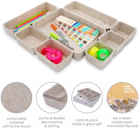 Welaxy 8pc Nordic Felt Desk Drawer Organizer Tray Beige Oatmeal Storage Bin