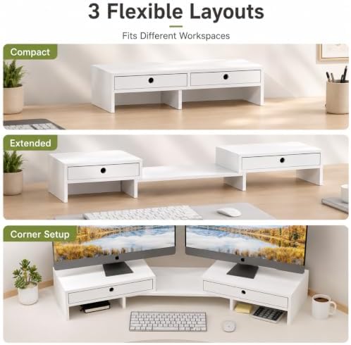 LAPTAIN Monitor Stand Riser, Adjustable Monitor Stand, 2 Drawers, White