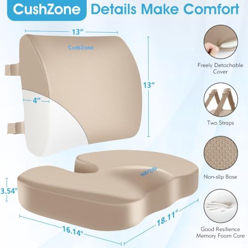 CushZone X-Large Seat Cushion and Lumbar Support Pillow for Office, Khaki