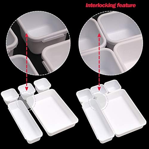 Set of 12 Interlocking Desk Drawer Organizer Tray Dividers Plastic Shallow Narrow Drawers Organizers Separators Storage Bins Container for Kitchen Bathroom Makeup Office Vanity Bedroom Dresser White
