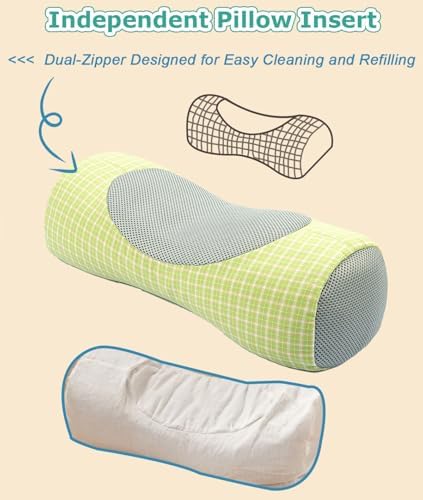 Buckwheat Neck Roll Pillow for Sleeping, 5''x16'' Small Lumbar Roll Pillow for Stiff Pain Relief, Neck Support Back Pain Relax Bolster Pillow with Breathable Plaid Pillow Covers (Green)