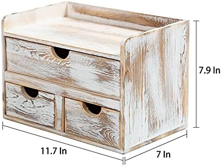 Rustic Distressed white 3-Tier Wood Desk Organizer with 3 Drawers Mini Storage Shelf For Desk, Toiletries Vanity Office Supplies (Vintage white)