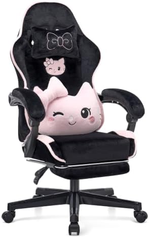 Black Pink Cat Gaming Chair,Ultra Soft Cute Microplush Fleece Desk Chair