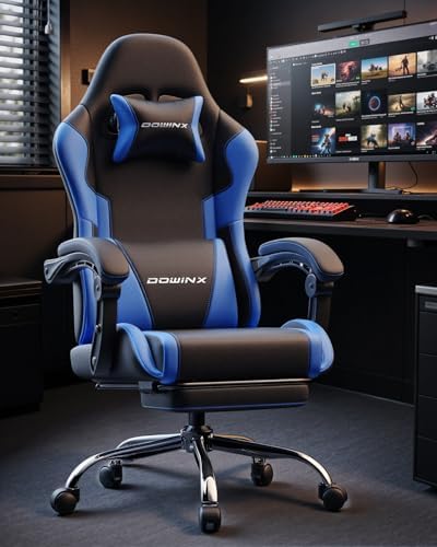 Dowinx Ergonomic Gaming Chair with Footrest & Massage Lumbar, 2D-Linkage Armrests for Computer Chair 330lbs with Headrest Pillow for Office, Home, Streaming and Long Gaming Sessions, Blue
