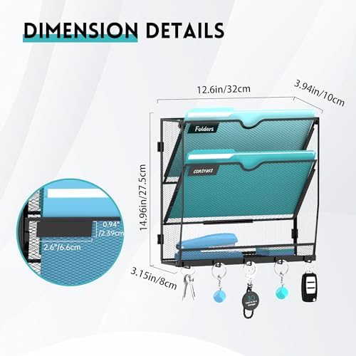 3-Tier Wall File Organizer and Mail Organizer with 5 Hooks, Black