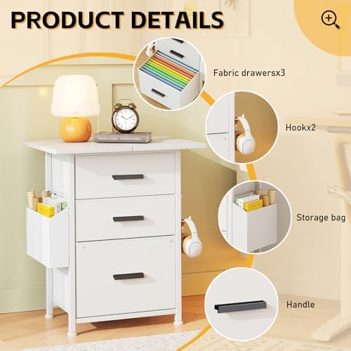 Mexin 3 Drawer File Cabinet with 22'' Extended Desktop, Mobile Filing Cabinet, Printer Stand, Rolling Printer Stand with Side Bag, Fabric Drawer, Fits A4 Size, Home Office, White