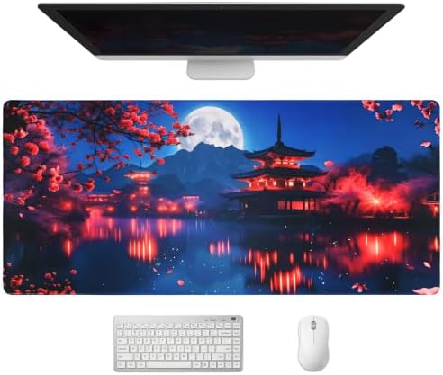 Extended Japanese Nightscape Desk Mat, XXL Large Gaming Mouse Pad, Sakura Pagoda Moon Stitched Edges Waterproof with Non-Slip Rubber Base for Computer Keyboard Laptop Work Home Office 35.4"x15.7"