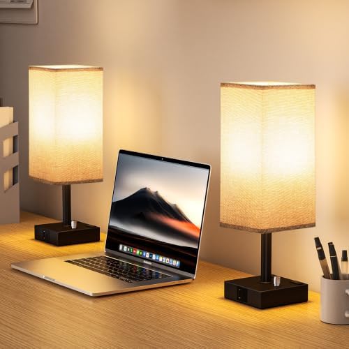Grey Bedside Table Lamps Set of 2 - Dimmable, USB C+A, 2 AC Outlets