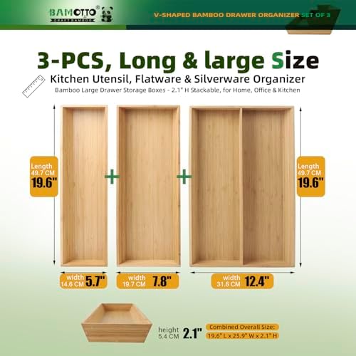 BAMOTTO CRAFTBAMBOO Large Long V-Shaped Bamboo Drawer Organizer Set of 3