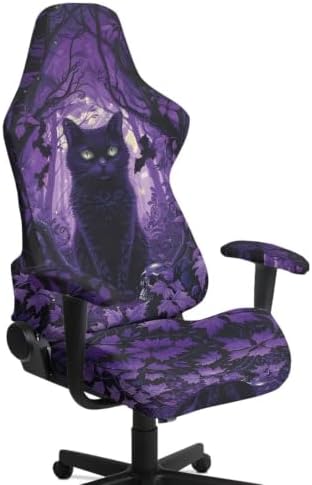Purple Forest Black Cat Witchy Gaming Chair Cover Stretchable Game Chair Slipcovers with 2 Armrest Covers, Scratch-Proof Gamer Desk Chair Covers for Computer Office Seat