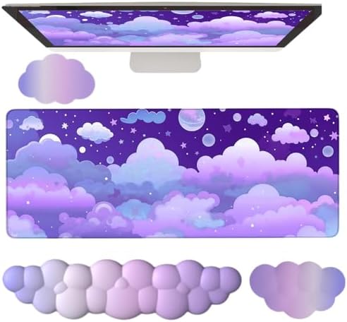 Purple Cloud Mouse Pad Cloud Keyboard Wrist Rest for Computer Keyboard Extended Large Desk Mat Pad Set 4PCS Memory Foam Non-Slip Ergonomic Cute Gaming Mouse Pads Wrist Support for Laptop Home Office