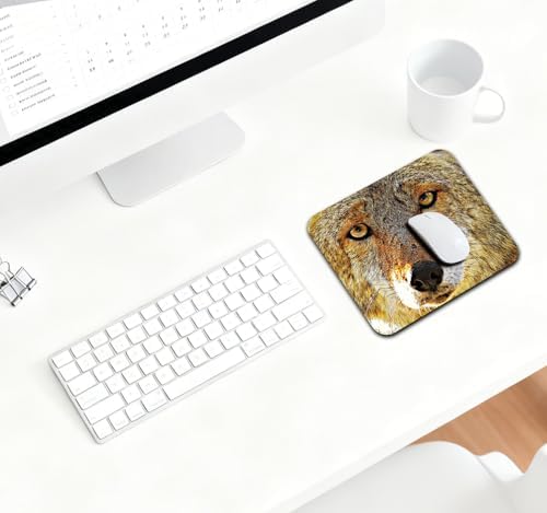 9.5x7.9 Inch Office/Gaming Mouse Pad, Cool Yellow Brown Hairy Wolf Head with Bright Eyes Cute Anti-Slip Mat for Desk