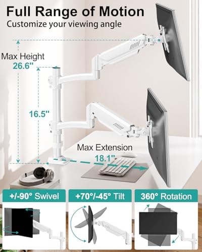 Dual Monitor Stand for 2 Screens up to 32 inch, Vertical Stacked Dual Monitor Mount, Full Motion Adjustable Tall Double Monitor Desk Mount, Each Arm Holds 4.4-22lbs, VESA 75/100mm, White, Freelift