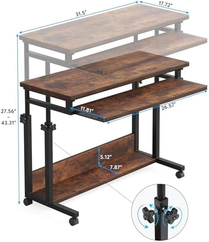 Tribesigns Portable Desk for Sofa and Bed, Height Adjustable Laptop Table Small Standing Desk Rolling Computer Cart with Keyboard Tray on Wheels for Home Office