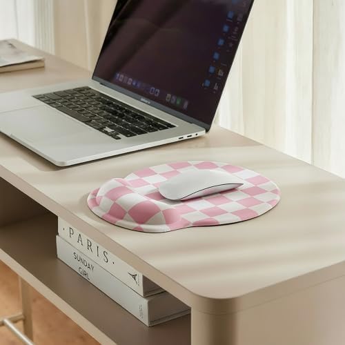 Ohocut Pink Checkered Mouse Pad with Gel Wrist Rest, Wrist Support, Ergonomic Desk Accessories for Girls Women, Office Laptop Gaming Decor, Cute Aesthetic Trendy Check Design