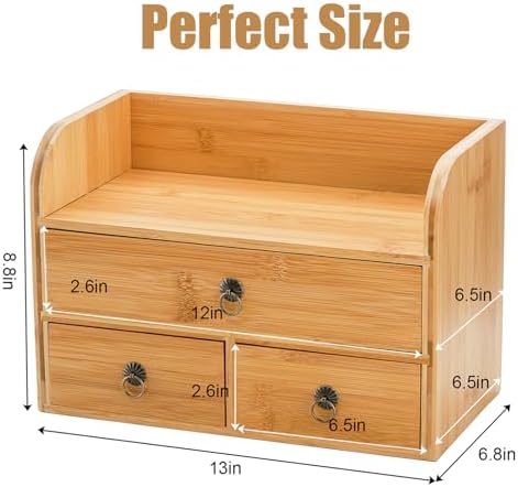Nicunom Bamboo Desk Organizer, 3-Tier Bamboo Tabletop Storage Organization Multifunctional Desktop Organizer with Drawers for Home Office Toiletries Supplies Vanity