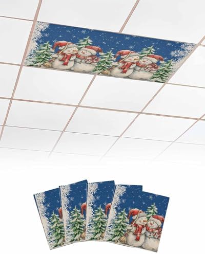 Blue Christmas Magnetic Fluorescent Light Covers for Ceiling Lights 2 x 4 Feet,Snowman Snowflakes Green Pine Tree Retro Office Classroom Kitchen Drop Ceiling Light Covers Filters Shade Panel 4 Packs