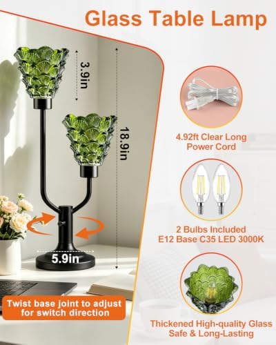 Lightdot Green Glass Table Lamp for Living Room Dimmable Vintage Lamp Gift