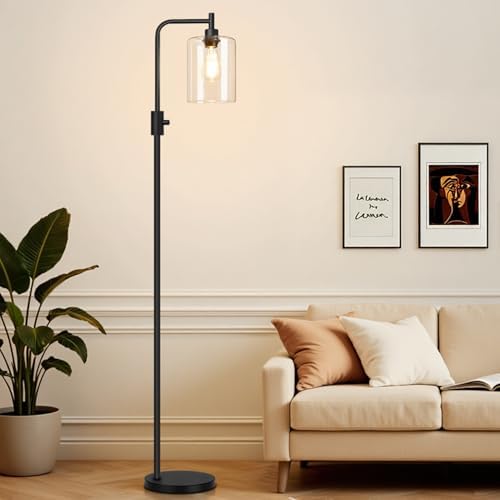 【Upgraded】 Dimmable Floor Lamp for Living Room with Clear Glass Lampshade, Black Modern Glass Floor Lamp with 900LM LED Bulb Included, Arc Standing Tall Lamp for Bedroom, Office, Reading Room, Corner
