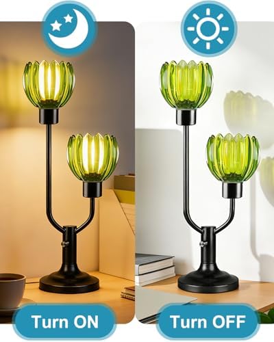 Vintage Green Glass Flower Table Lamp Dimmable 2 Bulbs Included