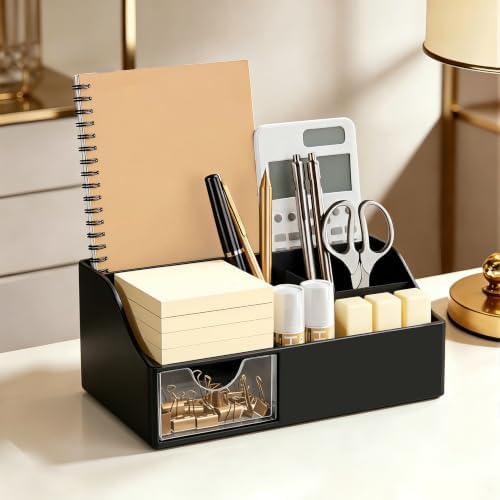 HBlife Acrylic Desk Organizer with Drawer, Pen & Pencil Holder, Multifunctional Desktop Caddy for Office Supply and Organization (Black)