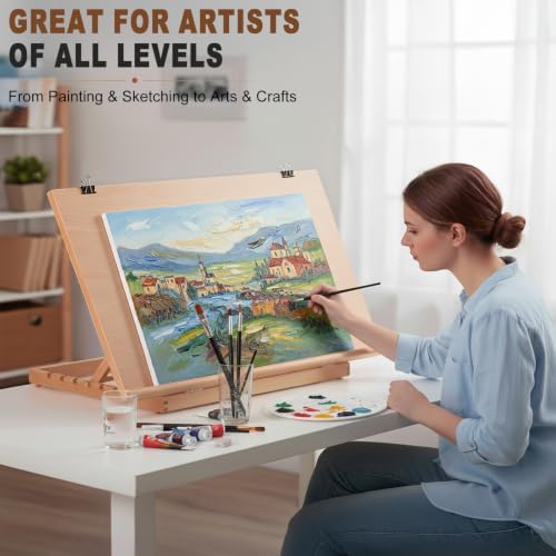 24.9"x17.3" Beechwood Tabletop Easel with Paint and Sketch Papers,Mask Tape