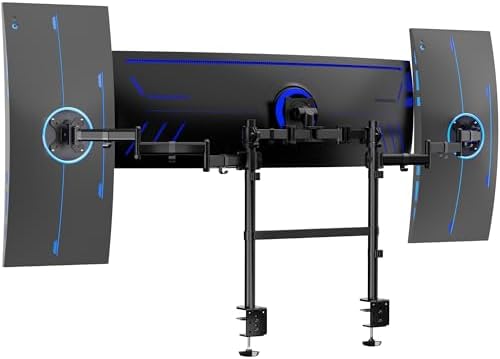 VIVO Clamp-on Dual Pole Triple Monitor Desk Mount for 1 Center Utrawide up to 49 inches and 59.4 lbs, 2 Side Screens up to 38 inches and 17.6 lbs, Low Profile Adjustable Stand, Black, STAND-V300CU