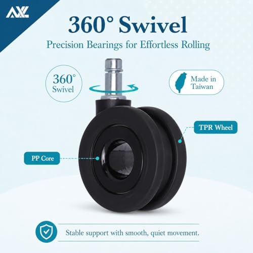 AXL Hubless Office Chair Wheels, 2.8 Inch Rubber Caster Replacement, Modern Silent Rolling Desk Chair Casters for Hardwood Floors & Carpet, Smooth Glide Universal Fit 11x 22mm, Set of 5 (Black)