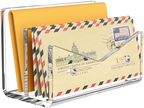 Mail Organizer Envelope Holder - 2 Compartments Clear Acrylic Mail Holder Countertop Vertical Desk Organizer Small File Bill Document Notebook Letter Sorter for Home School Office Supplies