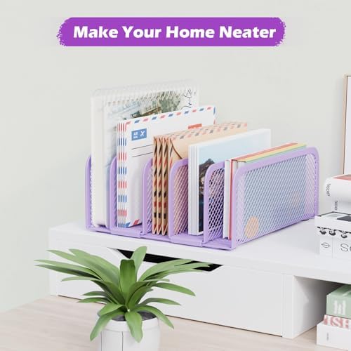 Mail Organizer Countertop 2 Pack, Metal File Holder with 5-Slot, Small Desk File Organizer for Letter, Bill, Mail Sorter, Desktop Letter Folder Holders for Office, Home, School (Purple)