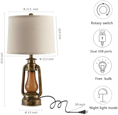 25" Set of 2 Rustic Lantern Table Lamps for Living Room Bedroom, 2 USB Ports Farmhouse Vintage Bedside Desk Lamp Nightlight for Entryway Office End Table, 4 Bulbs Included