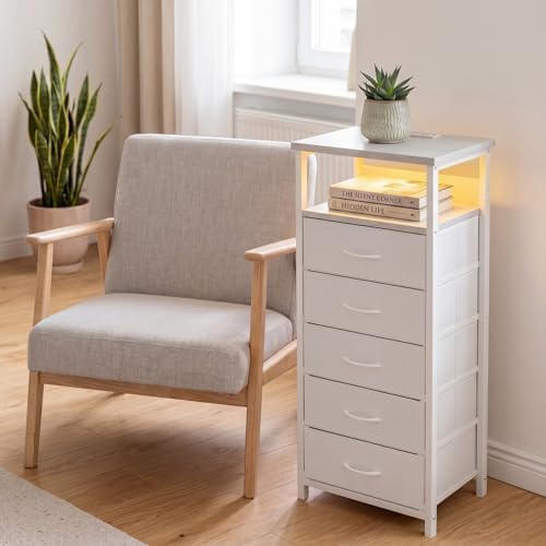 Fixwal Night Stand with Charging Station, White Led Nightstand, 5 Drawers