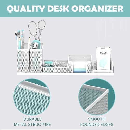 Pen Holder for Desk, 6-Piece Mesh Desk Organizer with Phone Holder, White