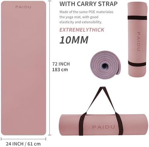 PAIDU POE Yoga Mat （10mm）Extra Thick Fitness Mat 72"x24" with Carry Strap