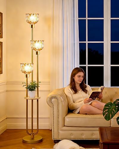 3-Light Lotus Floor Lamp, Mid Century Modern Amber Glass Gold Floor Lamp for Living Room, 62 Inch Standing Tall Lamps with Warm White 3000K Bulbs for Bedroom Sofa Beside Corner Home Decor