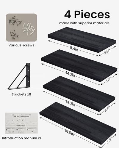 BAYKA Wall Mounted Black Floating Shelves for Wall (Set of 4, 16" Mixed)