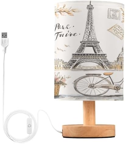 ALAZA Paris Eiffel Tower France Flower Watercolor Decor Bedside Table Lamp with USB Port for Bedroom Nightstand Office Desk LED Bulb Included